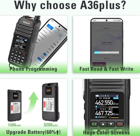 A36plus 8W GMRS Two Way Radio with TBB02 Wireless Programming Adapter, Upgrade 3200mAh Type-C Rechargeable Battery, NA-771 Antenna, 999 Channels, Airband, Long Range Dual Band Radio (Green) in Saudi Arabia