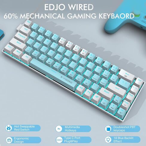 لوحة مفاتيح الألعاب الميكانيكية EDJO بنسبة 60%، لوحة مفاتيح ألعاب NKRO قابلة للتبديل السريع مع مفتاح أحمر وإضاءة خلفية زرقاء LED، لوحة مفاتيح كمبيوتر سلكية صغيرة للغاية بنسبة 60% لنظام التشغيل Windows/Mac OS-Blue in Kuwait