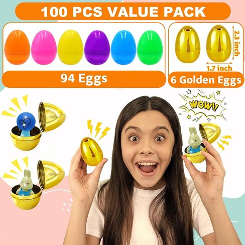 [6 بيضات ذهبية مفاجئة] 100 قطعة من بيض عيد الفصح المملوء مسبقًا بألعاب متنوعة، 100 حشو بيض عيد الفصح البلاستيكي مع ألعاب تململ، صيد بيض عيد الفصح ملء سلة عيد الفصح للأطفال الصغار الأولاد والبنات in Kuwait