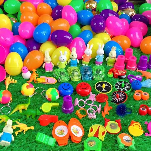 [6 بيضات ذهبية مفاجئة] 100 قطعة من بيض عيد الفصح المملوء مسبقًا بألعاب متنوعة، 100 حشو بيض عيد الفصح البلاستيكي مع ألعاب تململ، صيد بيض عيد الفصح ملء سلة عيد الفصح للأطفال الصغار الأولاد والبنات in Kuwait