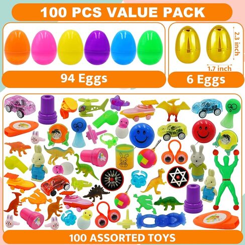 [6 بيضات ذهبية مفاجئة] 100 قطعة من بيض عيد الفصح المملوء مسبقًا بألعاب متنوعة، 100 حشو بيض عيد الفصح البلاستيكي مع ألعاب تململ، صيد بيض عيد الفصح ملء سلة عيد الفصح للأطفال الصغار الأولاد والبنات in Kuwait