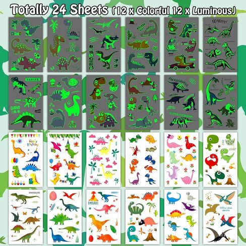24 ورقة وشم مؤقت على شكل ديناصور للأطفال الأولاد، لوازم حفلات الديناصورات لوازم أكياس الهدايا الجيدة، ألعاب حشو الزينة، تتوهج في الظلام، ملصقات وشم مضيئة لطيفة للأطفال in Kuwait