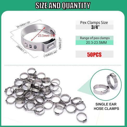 Twidec/50 قطعة 3/4 بوصة PEX Cinch Clamp، حلقات تجعيد Pex من الفولاذ المقاوم للصدأ، مشابك خرطوم أذن واحدة لوصلات تركيب أنابيب Pex N-057-50PCS in Saudi Arabia