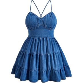 SweatyRocks Women's Plus Size Denim Dress Sleeveless Lace Up Backless Flared Ruffle Jean Dress in Saudi Arabia
