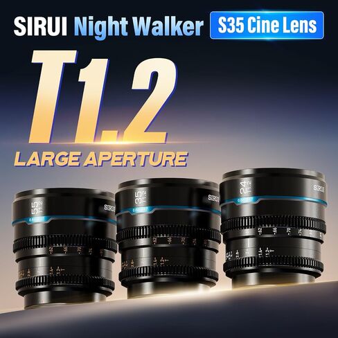 SIRUI Night Walker S35 Manual Focus Cine Lens Set, 16mm, 75mm, T1.2 Large Aperture RF Mount Lens for RED Komodo, R7, R10, C70, R50 (RF Mount, Black) in Kuwait