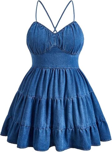 SweatyRocks Women's Plus Size Denim Dress Sleeveless Lace Up Backless Flared Ruffle Jean Dress in Saudi Arabia