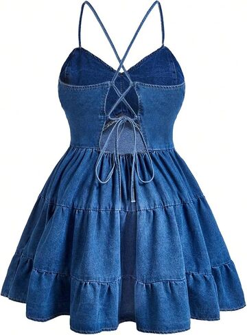 SweatyRocks Women's Plus Size Denim Dress Sleeveless Lace Up Backless Flared Ruffle Jean Dress in Saudi Arabia