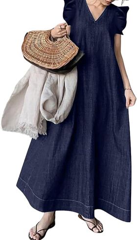 Utcoco Womens Long Denim Dress Discal Lough Fit Fit Fit Fitclessless V-Neck Jean Maxi Dresses for Women 2025 in Saudi Arabia