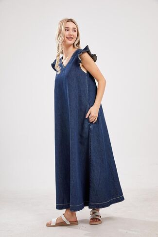 Utcoco Womens Long Denim Dress Discal Lough Fit Fit Fit Fitclessless V-Neck Jean Maxi Dresses for Women 2025 in Saudi Arabia