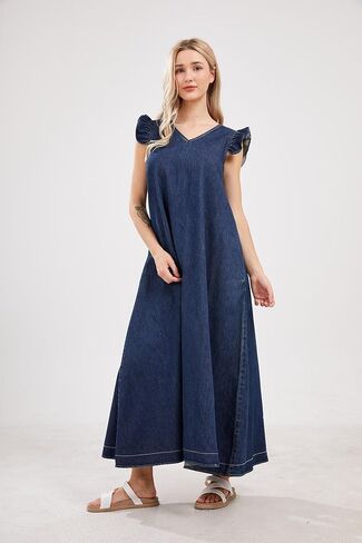 Utcoco Womens Long Denim Dress Discal Lough Fit Fit Fit Fitclessless V-Neck Jean Maxi Dresses for Women 2025 in Saudi Arabia