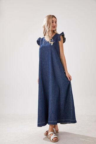 Utcoco Womens Long Denim Dress Discal Lough Fit Fit Fit Fitclessless V-Neck Jean Maxi Dresses for Women 2025 in Saudi Arabia