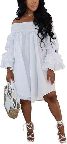 WOKANSE Women's Casual Plus Size Shirred Dresses Off Shoulder Bell Sleeves Ruffle Loose Stretchy Neck Midi Dress in Kuwait