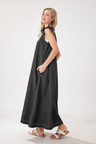 utcoco Womens Long Denim Dress Casual Loose Fit Ruffle Sleeveless V-Neck Jean Maxi Dresses for Women 2025 in Saudi Arabia