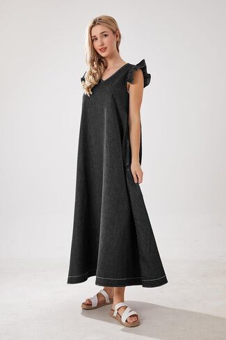 utcoco Womens Long Denim Dress Casual Loose Fit Ruffle Sleeveless V-Neck Jean Maxi Dresses for Women 2025 in Saudi Arabia