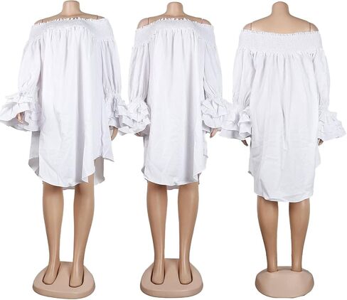 WOKANSE Women's Casual Plus Size Shirred Dresses Off Shoulder Bell Sleeves Ruffle Loose Stretchy Neck Midi Dress in Kuwait