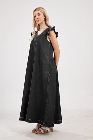 utcoco Womens Long Denim Dress Casual Loose Fit Ruffle Sleeveless V-Neck Jean Maxi Dresses for Women 2025 in Saudi Arabia