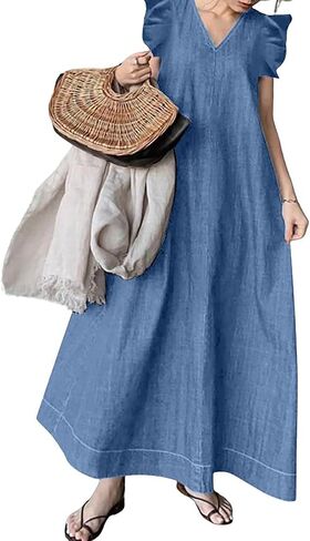 utcoco Womens Long Denim Dress Casual Loose Fit Ruffle Sleeveless V-Neck Jean Maxi Dresses for Women 2025 in Saudi Arabia