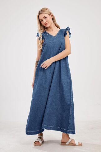 utcoco Womens Long Denim Dress Casual Loose Fit Ruffle Sleeveless V-Neck Jean Maxi Dresses for Women 2025 in Saudi Arabia