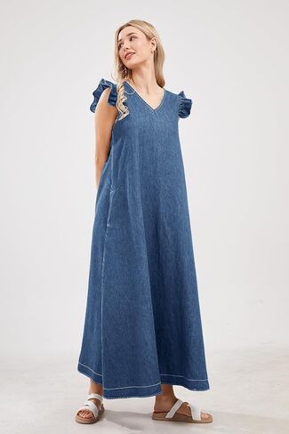 utcoco Womens Long Denim Dress Casual Loose Fit Ruffle Sleeveless V-Neck Jean Maxi Dresses for Women 2025 in Saudi Arabia