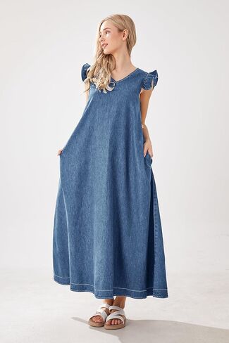utcoco Womens Long Denim Dress Casual Loose Fit Ruffle Sleeveless V-Neck Jean Maxi Dresses for Women 2025 in Saudi Arabia