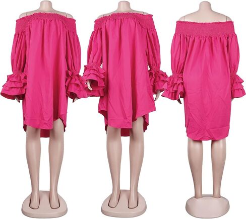 WOKANSE Women's Casual Plus Size Shirred Dresses Off Shoulder Bell Sleeves Ruffle Loose Stretchy Neck Midi Dress in Kuwait