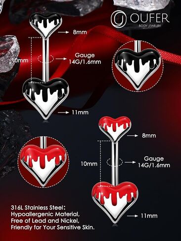 OUFER 14G Belly Button Rings, Melting Heart Belly Piercing Jewelry, 316L Surgical Steel Navel Piercing Jewelry, Belly Button Piercing For Women in Saudi Arabia
