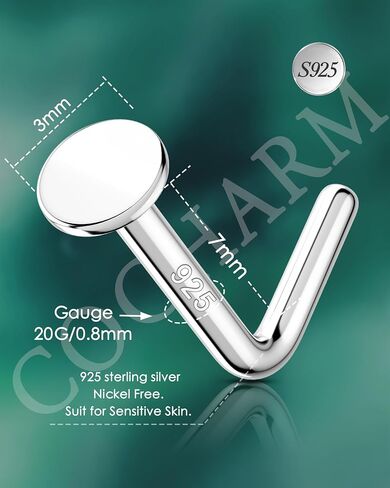 COCHARM 925 Sterling Silver Nose Stud 20g Flat Round Nose Ring Stud L Shaped Nose Piercing Stud Flat Top 2MM 3MM Nostril Piercing Jewelry for Women in Saudi Arabia