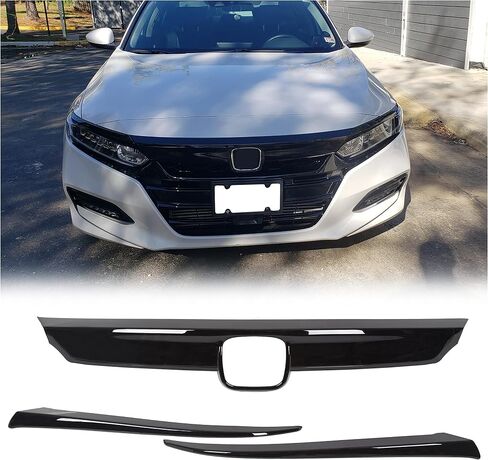 KUAFU 3pcs Front Grille & Eyelid Cover Set Compatible for 2018-2020 Honda Accord 10th Gen Sedan, Glossy Black ABS Upper Grille, Bumper Lip & Trim Molding in Saudi Arabia