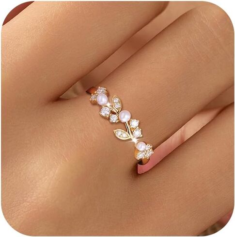 925 Sterling Silver Cubic Zirconia Twig Ring for Women, 14K Plated Gold Dainty White Pearl Rings for Mother Daughter Fashion Birthday Wedding Hypoallergenic Jewelry Gift in Kuwait