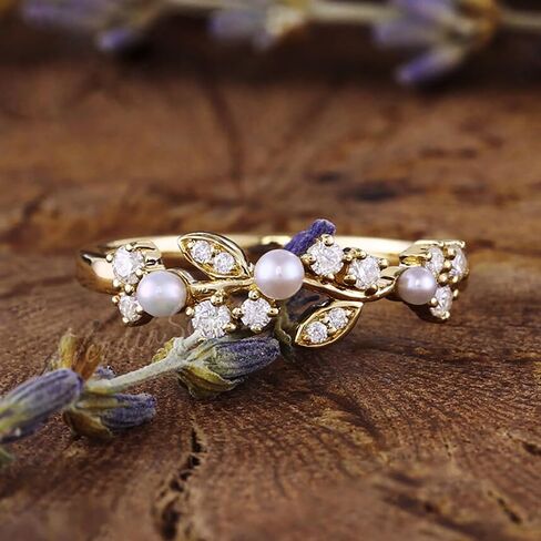 925 Sterling Silver Cubic Zirconia Twig Ring for Women, 14K Plated Gold Dainty White Pearl Rings for Mother Daughter Fashion Birthday Wedding Hypoallergenic Jewelry Gift in Kuwait