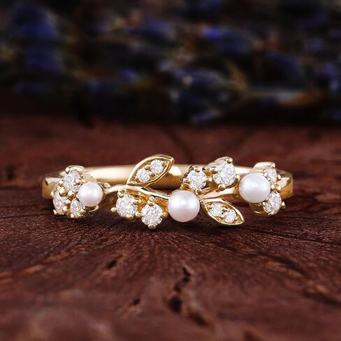 925 Sterling Silver Cubic Zirconia Twig Ring for Women, 14K Plated Gold Dainty White Pearl Rings for Mother Daughter Fashion Birthday Wedding Hypoallergenic Jewelry Gift in Kuwait