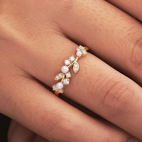 925 Sterling Silver Cubic Zirconia Twig Ring for Women, 14K Plated Gold Dainty White Pearl Rings for Mother Daughter Fashion Birthday Wedding Hypoallergenic Jewelry Gift in Kuwait