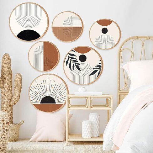 GETERY 6PCS BOHO WALL ART DECORT WOODEN WOODEN WARD DERICATION for Living Room Farmhouse Round Bohemian Decore Geometric Sun Wood Art 10 "8" Bohemian Hanging Minimalist for Office (أنيقة) in Kuwait