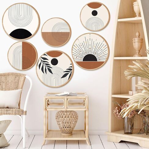 GETERY 6PCS BOHO WALL ART DECORT WOODEN WOODEN WARD DERICATION for Living Room Farmhouse Round Bohemian Decore Geometric Sun Wood Art 10 "8" Bohemian Hanging Minimalist for Office (أنيقة) in Kuwait