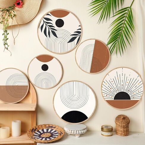 GETERY 6PCS BOHO WALL ART DECORT WOODEN WOODEN WARD DERICATION for Living Room Farmhouse Round Bohemian Decore Geometric Sun Wood Art 10 "8" Bohemian Hanging Minimalist for Office (أنيقة) in Kuwait