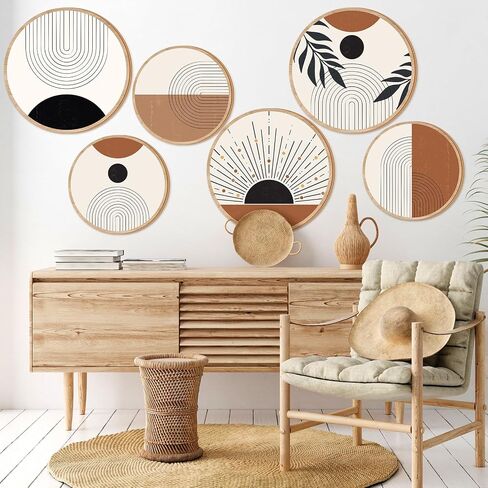 GETERY 6PCS BOHO WALL ART DECORT WOODEN WOODEN WARD DERICATION for Living Room Farmhouse Round Bohemian Decore Geometric Sun Wood Art 10 "8" Bohemian Hanging Minimalist for Office (أنيقة) in Kuwait