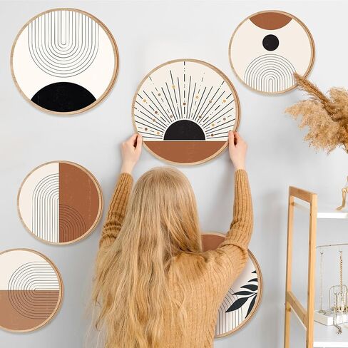 GETERY 6PCS BOHO WALL ART DECORT WOODEN WOODEN WARD DERICATION for Living Room Farmhouse Round Bohemian Decore Geometric Sun Wood Art 10 "8" Bohemian Hanging Minimalist for Office (أنيقة) in Kuwait