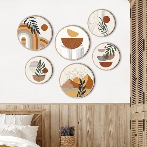 GETERY 6PCS BOHO WALL ART DECORT WOODEN WOODEN WARD DERICATION for Living Room Farmhouse Round Bohemian Decore Geometric Sun Wood Art 10 "8" Bohemian Hanging Minimalist for Office (أنيقة) in Kuwait