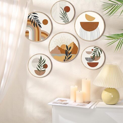 GETERY 6PCS BOHO WALL ART DECORT WOODEN WOODEN WARD DERICATION for Living Room Farmhouse Round Bohemian Decore Geometric Sun Wood Art 10 "8" Bohemian Hanging Minimalist for Office (أنيقة) in Kuwait