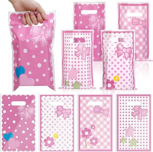 Saypacck 100 Pcs Pink Bow Bags Pink Party Favor Bags Bow Themed Gifts Pink Bow Plastic Gift Bag Coquette Party Favor Pink Themed Party Decoration for Wedding Bridal Baby Shower Birthday Party Supplies in Kuwait