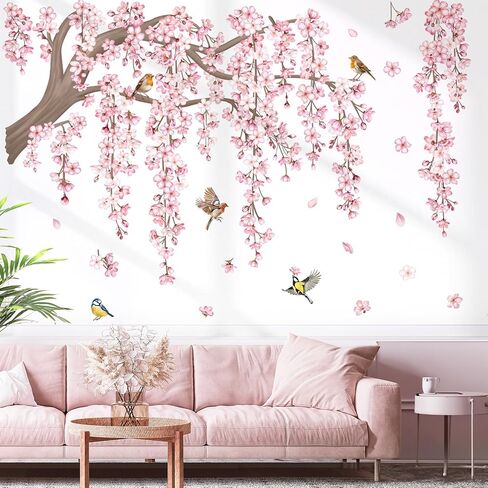 decalmile Spring Large Hanging Vine Wall Decals Green Leaf Tree Branch Flower Birds Wall Stickers Living Room Tv Background Bedroom Wall Decor in Saudi Arabia