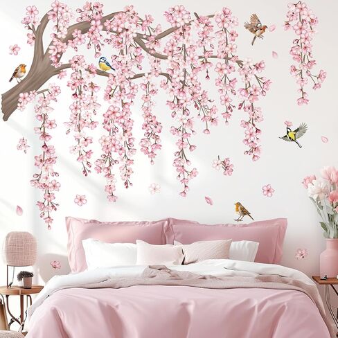decalmile Spring Large Hanging Vine Wall Decals Green Leaf Tree Branch Flower Birds Wall Stickers Living Room Tv Background Bedroom Wall Decor in Saudi Arabia