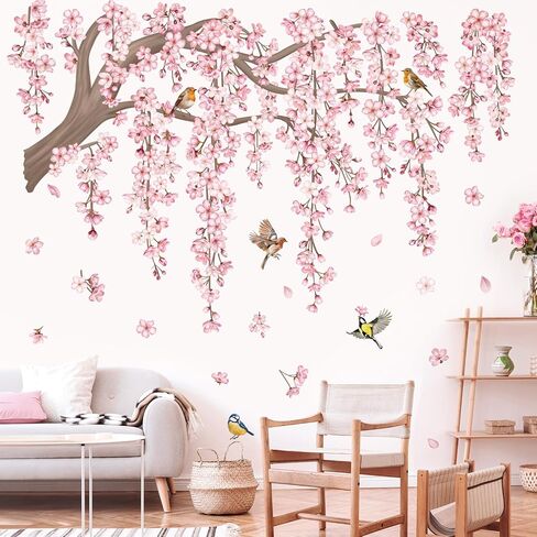 decalmile Spring Large Hanging Vine Wall Decals Green Leaf Tree Branch Flower Birds Wall Stickers Living Room Tv Background Bedroom Wall Decor in Saudi Arabia