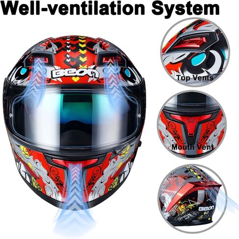 Beon Full Face Potorcycle Helmet ، خوذة دراجة في الشوارع مع أقنعة واضحة وملونة وفتحات متعددة ، معتمدة Motocross Casco Dot للرجال البالغين نساء in Kuwait