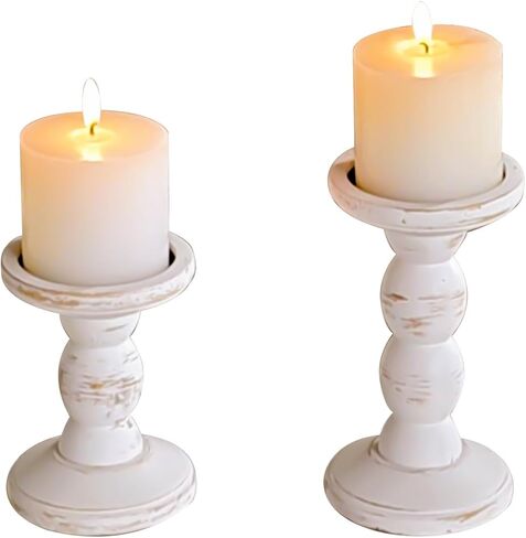 حاملي الشمعة الخشبية البيضاء الريفية مجموعة من 2 من قبل Purenjoy- Vintage Farmhouse Bailar Candle Soldle Décor- Table Table Compance لحفلات الزفاف والمنزل in Saudi Arabia