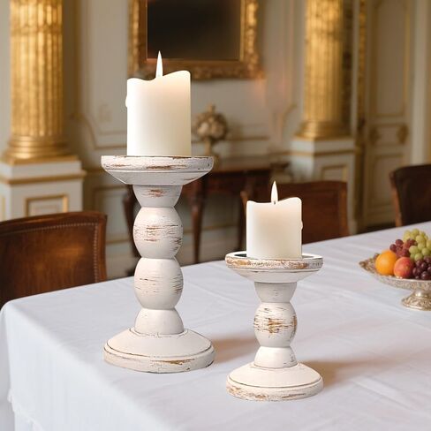 حاملي الشمعة الخشبية البيضاء الريفية مجموعة من 2 من قبل Purenjoy- Vintage Farmhouse Bailar Candle Soldle Décor- Table Table Compance لحفلات الزفاف والمنزل in Saudi Arabia