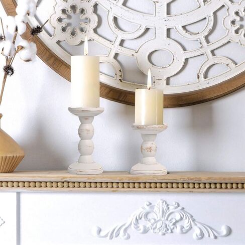 حاملي الشمعة الخشبية البيضاء الريفية مجموعة من 2 من قبل Purenjoy- Vintage Farmhouse Bailar Candle Soldle Décor- Table Table Compance لحفلات الزفاف والمنزل in Saudi Arabia