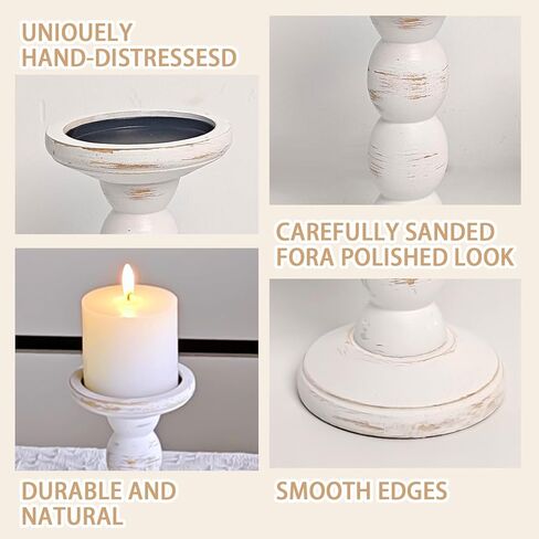 حاملي الشمعة الخشبية البيضاء الريفية مجموعة من 2 من قبل Purenjoy- Vintage Farmhouse Bailar Candle Soldle Décor- Table Table Compance لحفلات الزفاف والمنزل in Saudi Arabia
