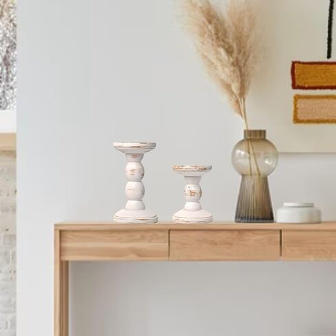 حاملي الشمعة الخشبية البيضاء الريفية مجموعة من 2 من قبل Purenjoy- Vintage Farmhouse Bailar Candle Soldle Décor- Table Table Compance لحفلات الزفاف والمنزل in Saudi Arabia