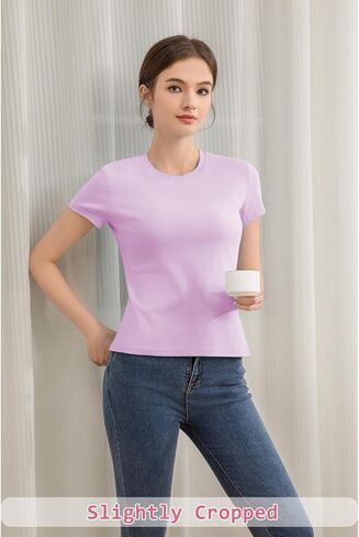 Cotton Short Sleeve T Shirts for Women Slim Fitted Basic Tees Cropped Tshirts Casual Plain Tight Petite Summer Tops in Saudi Arabia